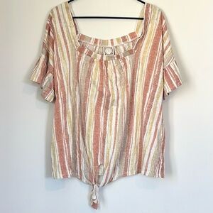 Truself Pink and Cream Striped Front Tie Flutter Sleeve Blouse - Size: 2X